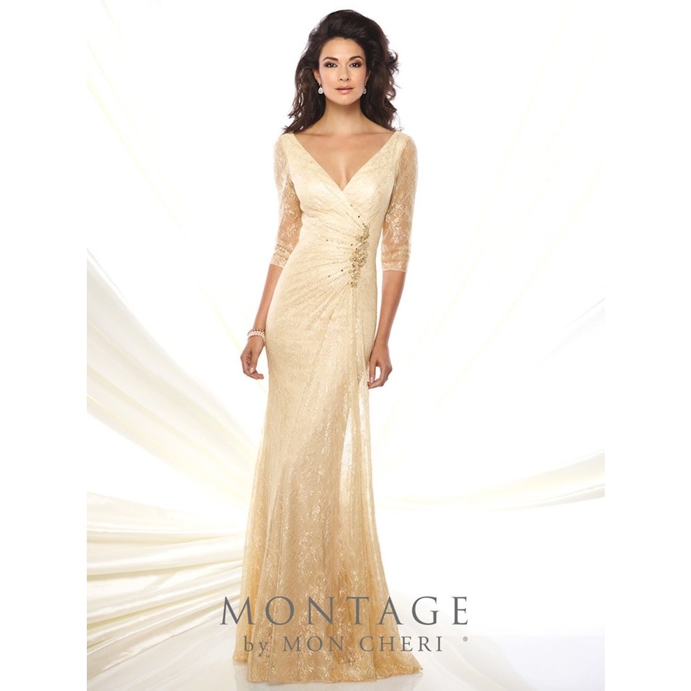 Montage By Mon Cheri Champagne Lace V-Neck Maxi Gown